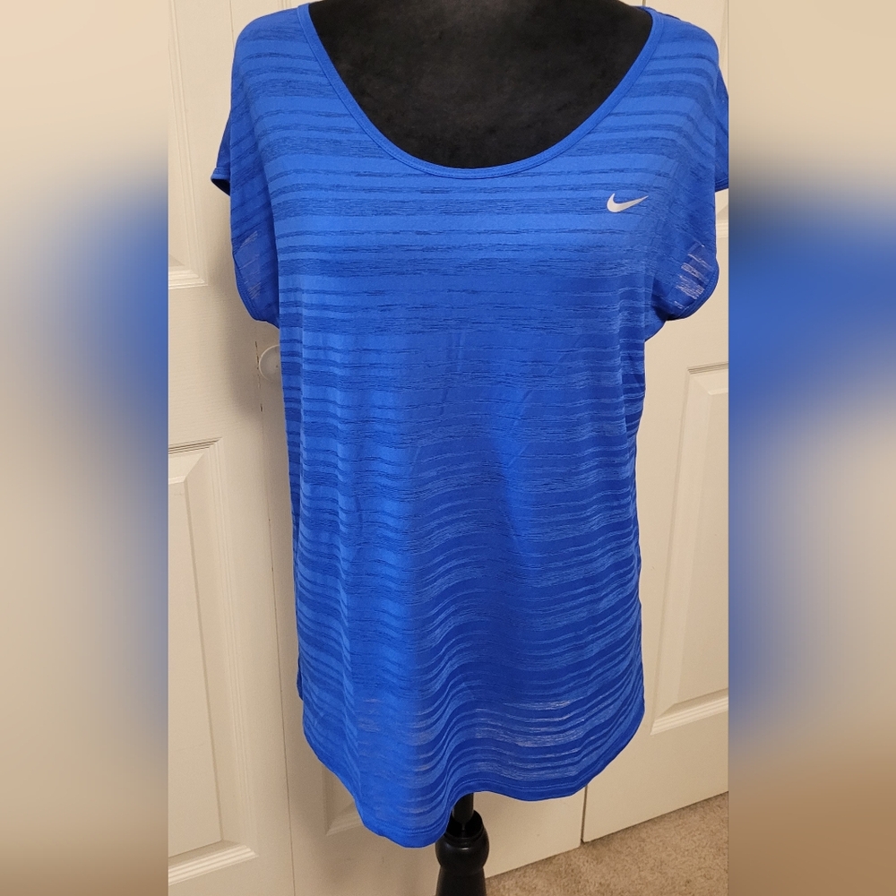 Women's NIKE DriFit Sheer Striped Athletic Shirt Blue Size L